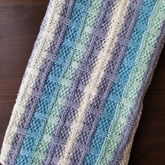 Hand Knit Blanket in Blue, Mint, and White - Picture 1 of 6